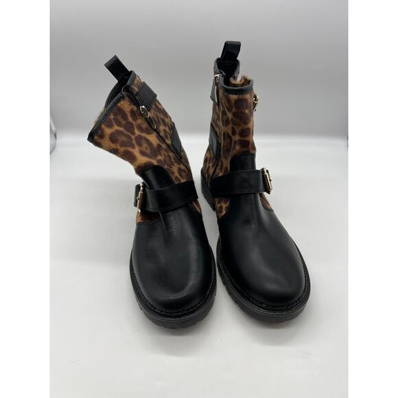 Nine West Aria Black Cheetah Print Ankle Boots Size 10 Biker Combat Buckle - Picture 2 of 7